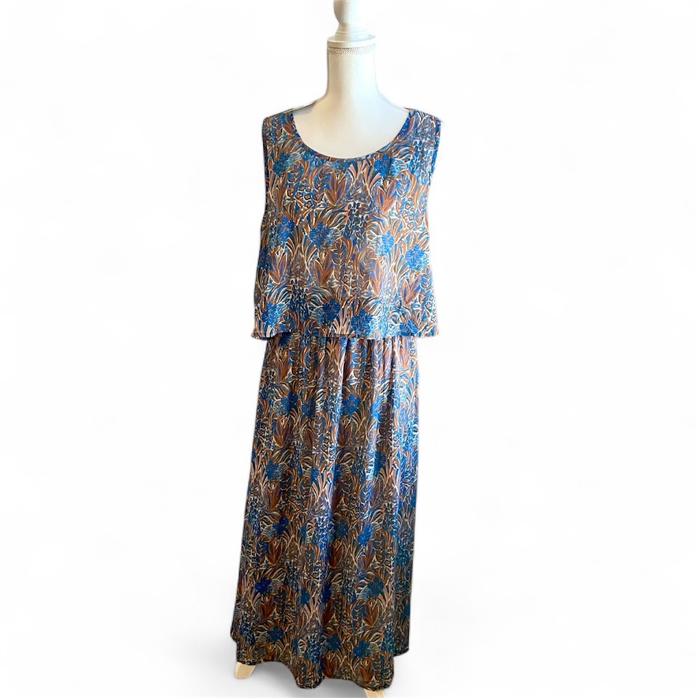 Marissa Olivia XL Blue Brown Botanical Print Tiered Maxi Dress Flowy NEW NWT